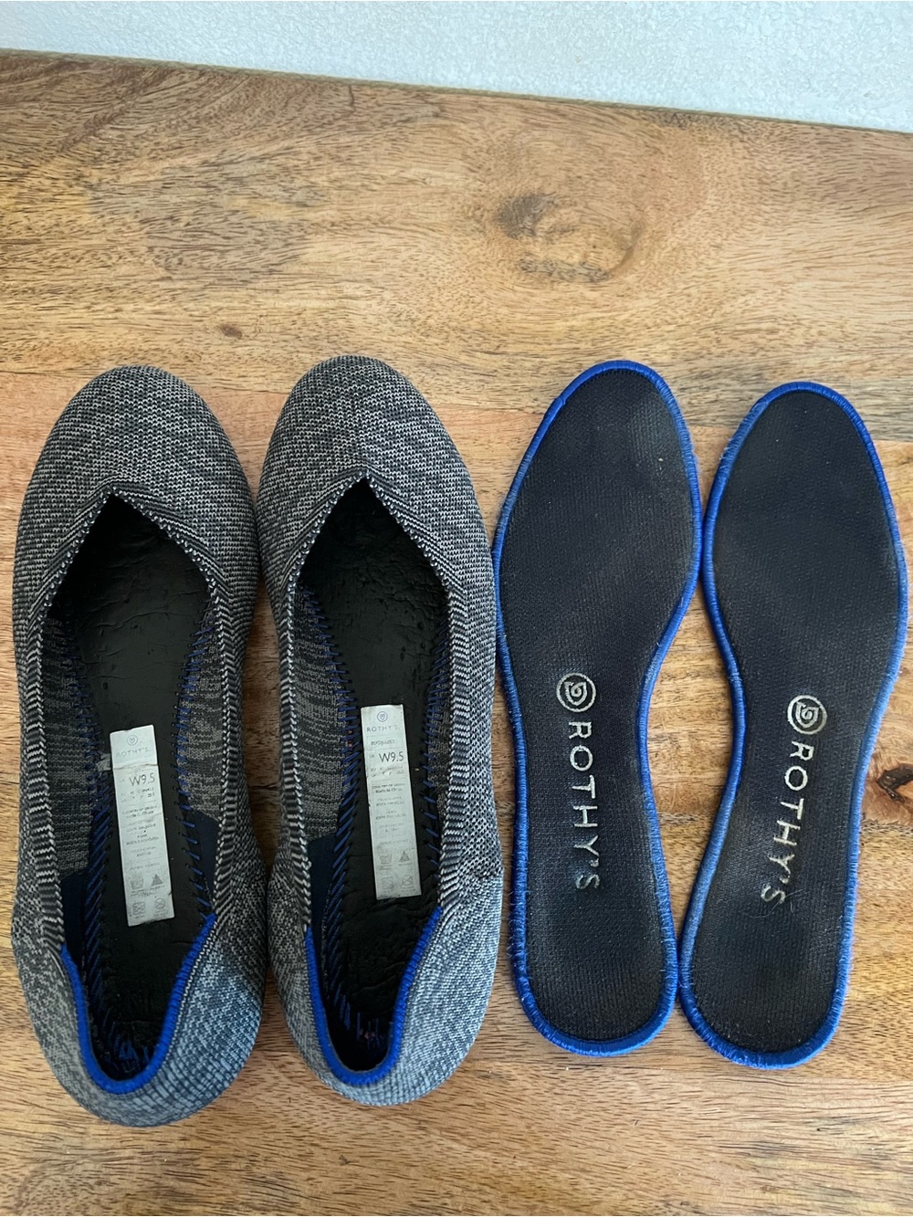Rothys Birdseye Charcoal Gray Round Toe Flats Blue Halo Pink Sole Size 9.5 - Picture 9 of 10